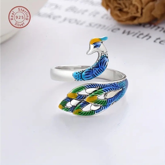 Sterling Silver Colorful Peacock Wrap Adjustable Ring - Picture 2 of 5